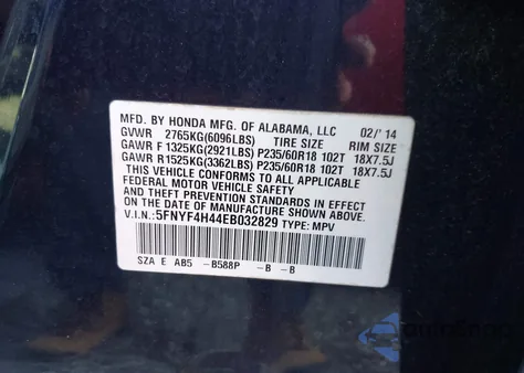 2014 Honda Pilot Ex z USA, uszkodzony, nr VIN 5FNYF4H44EB032829